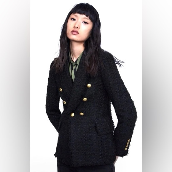 RARE Zara Black Textured Weave Tweed Double Breasted Gold Buttons Blazer Jacket - Picture 12 of 16